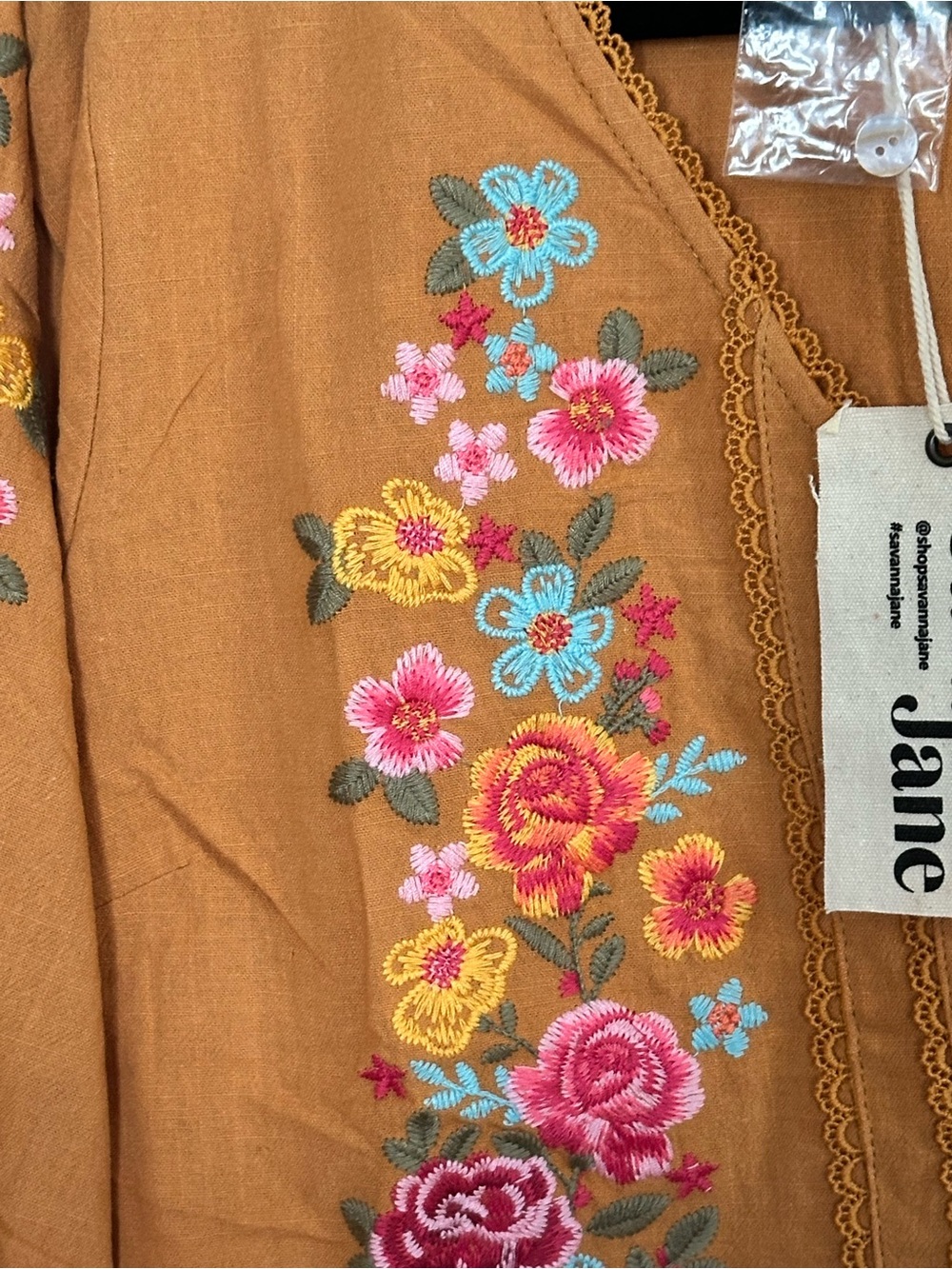Savanna Jane Mustard Embroidered Floral Button-Front Top - Picture 3 of 12